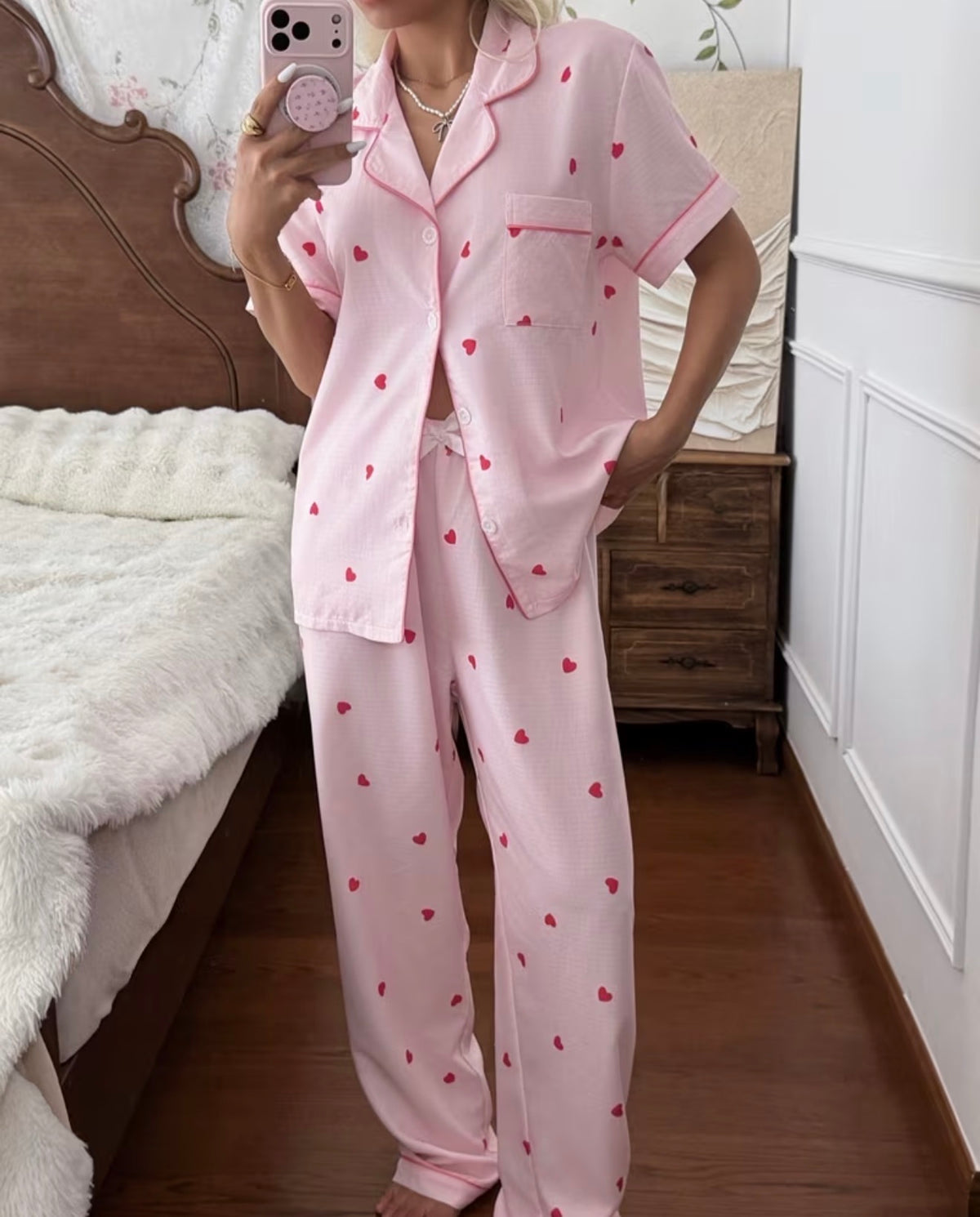 Pijama Rosada con corazones